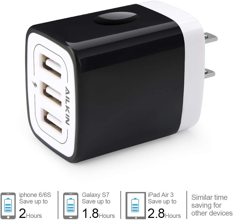 Wall Charger Plug,  USB Plug Wall, 3Multiport Home Charger Station Cube Box Charger Outlet Base Brick Block Replacement for Iphone, Ipad, and Iwatch Charger Plug (Black)