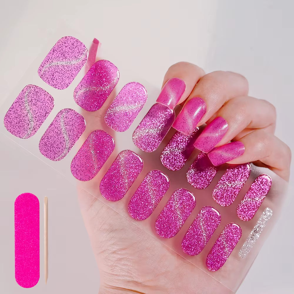 1Sheet 16Tips Green Semi Cure Gel Nail Strips Simple Cat Eye Glitter Polarized Full Nail Wrap UV Lamp Required Nail Gel Sticker